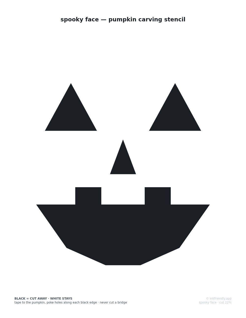 A printable pumpkin carving stencil sheet showing a classic spooky jack-o'-lantern face